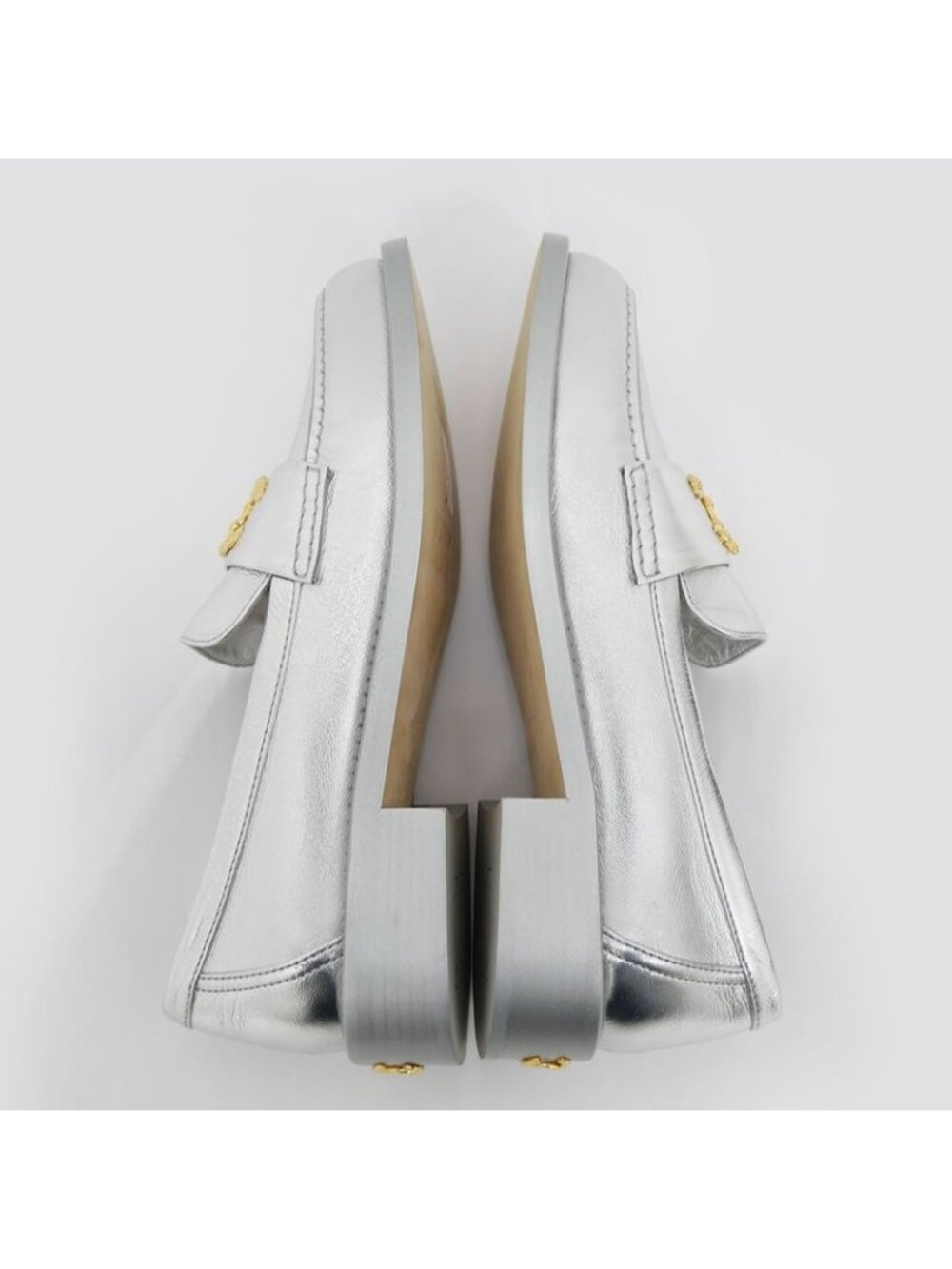 Chanel CC Logo Leather Loafers Silver Gold Hardware 37 1 2 - Picture 6 of 10